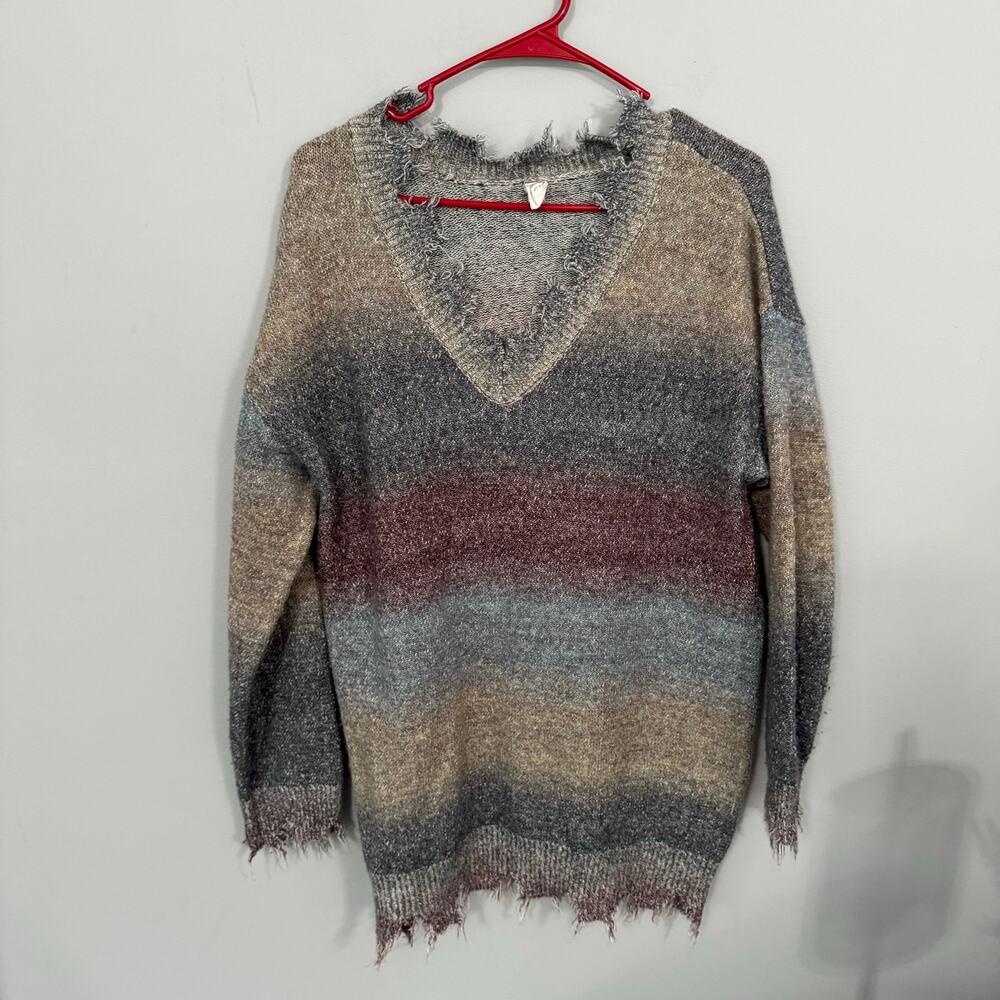 CY Fashions Ombre Striped V-Neck Sweater Women's Size Medium Purple Blue Cream